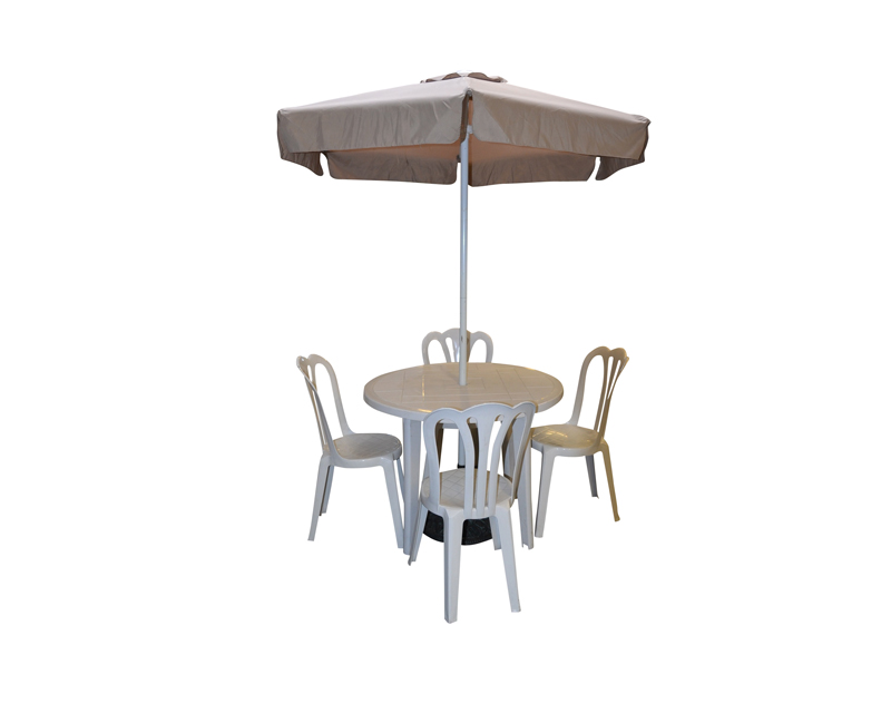 36 INCH WHITE ROUND UMBRELLA TABLE (Seats 4 - umbrella and chairs separate)