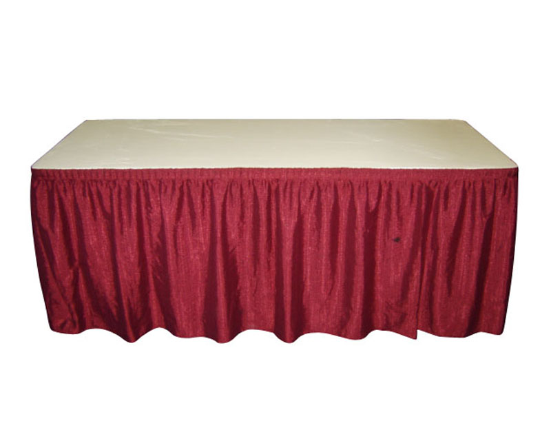 BURGUNDY SKIRTED TABLE 4', 6' OR 8'